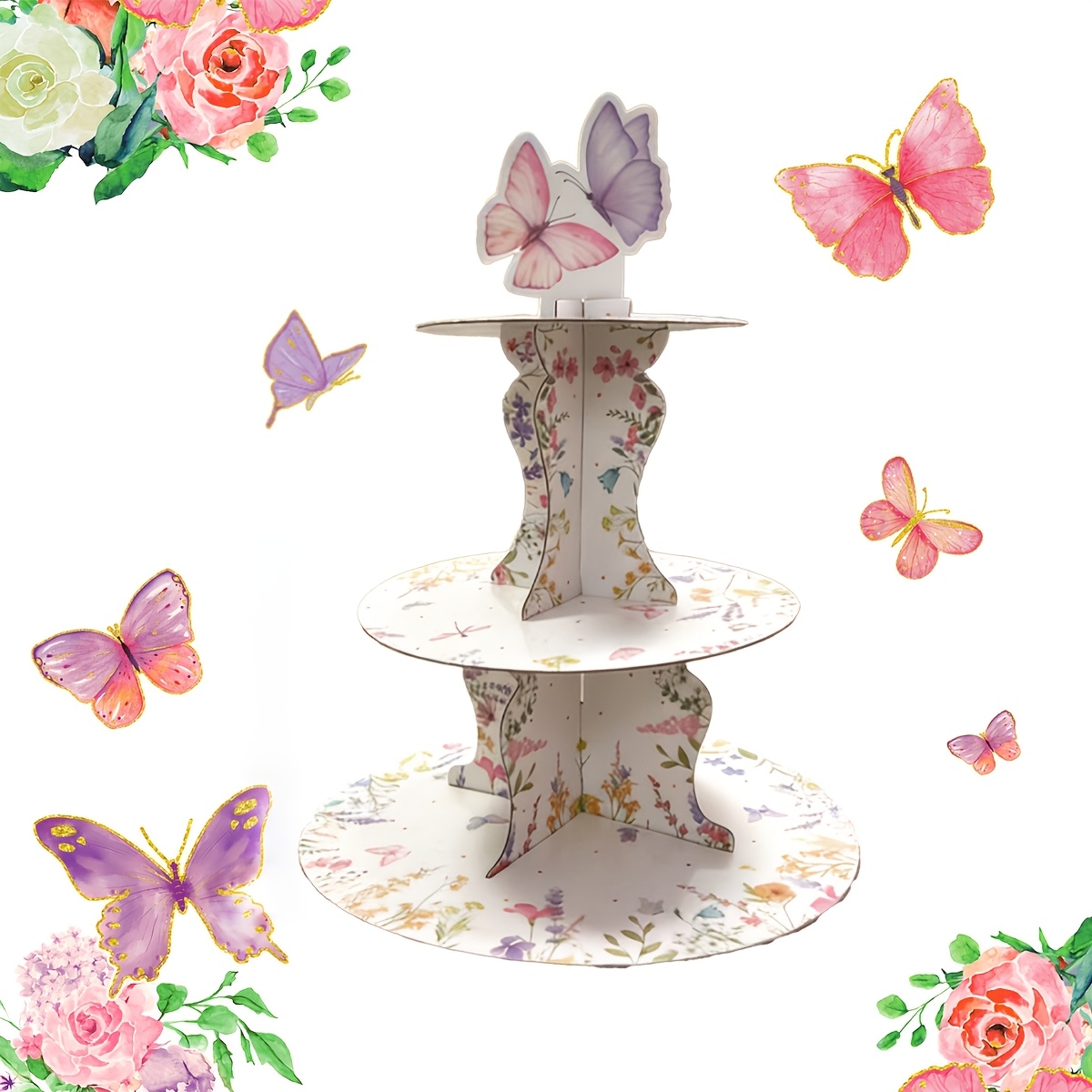 3-Tier Wildflower Butterfly Ca - Cupcake Stand Tier 评论和价格